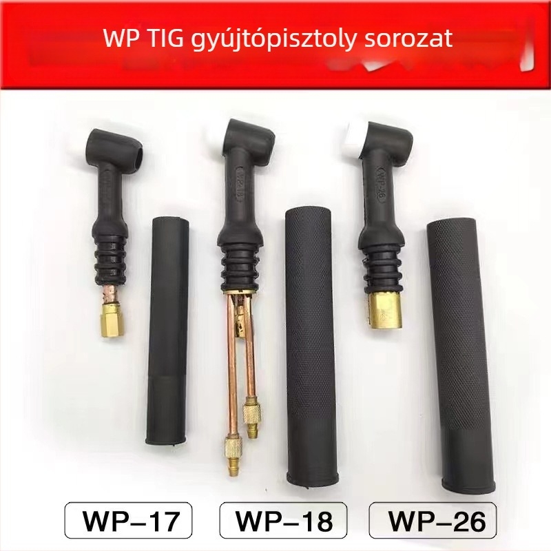 Argon ívhegesztő pisztoly tartozékok: 17-es fúvóka, hosszú hegesztőcső, WP-18 hosszú nyomó sapka, 26 wolfrám tűtartó, kerámia fúvóka