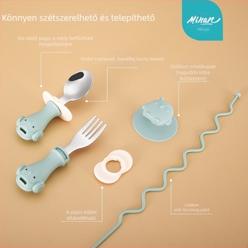 Szilikonból készült babatáps kanál és villa készlet, anti-drop szívófejjel, 12 hónaptól