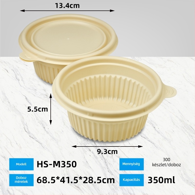 Biodegradábilis kukoricakeményítő ebédes doboz, kör alakú, 450 ml kapacitás, megerősített fedővel