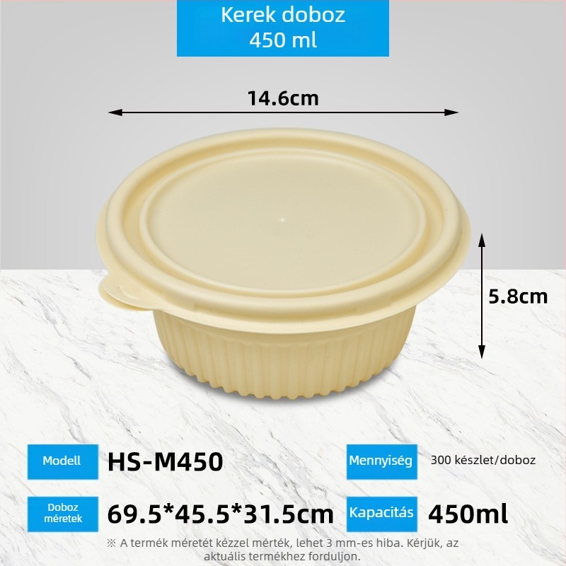 Biodegradábilis kukoricakeményítő ebédes doboz, kör alakú, 450 ml kapacitás, megerősített fedővel