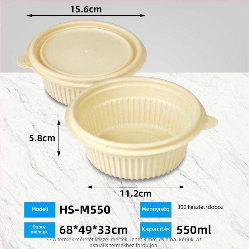 Biodegradábilis kukoricakeményítő ebédes doboz, kör alakú, 450 ml kapacitás, megerősített fedővel