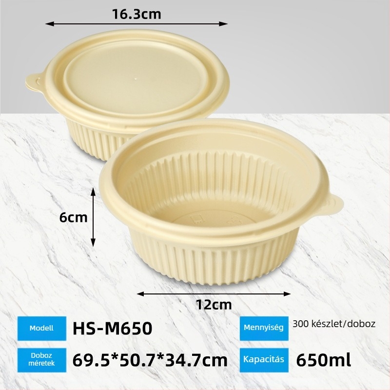 Biodegradábilis kukoricakeményítő ebédes doboz, kör alakú, 450 ml kapacitás, megerősített fedővel