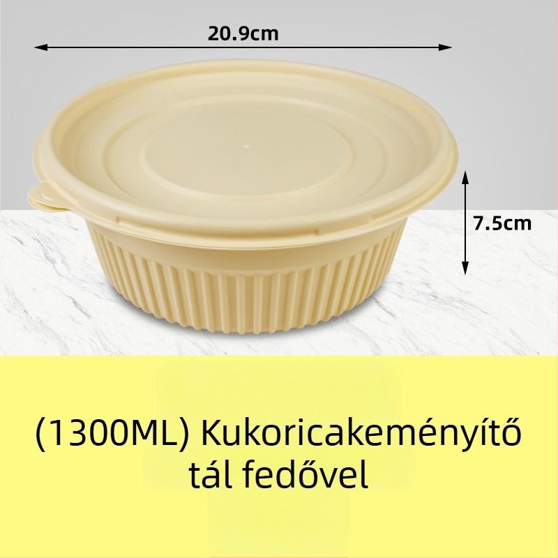 Biodegradábilis kukoricakeményítő ebédes doboz, kör alakú, 450 ml kapacitás, megerősített fedővel