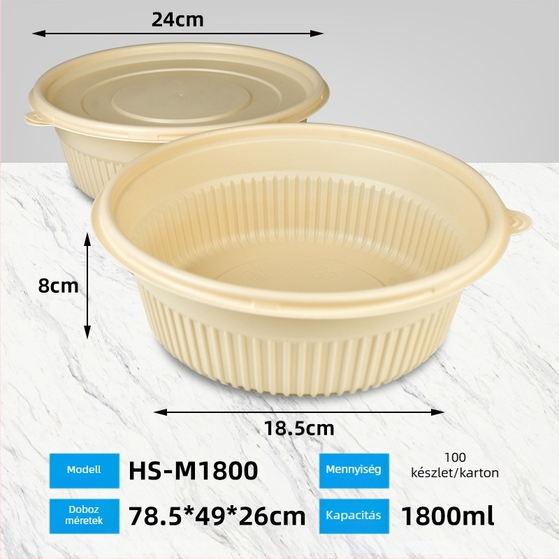 Biodegradábilis kukoricakeményítő ebédes doboz, kör alakú, 450 ml kapacitás, megerősített fedővel