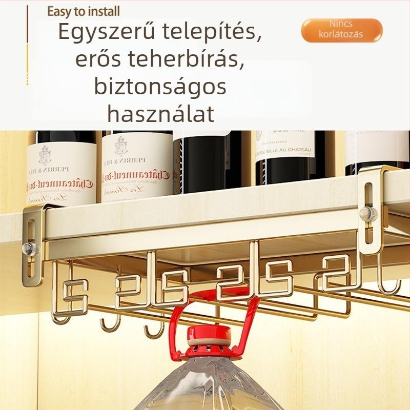 Fali borospohár-tartó, invertált, állítható, szénacélból, furatmentes telepítés, könnyed luxus retro stílus