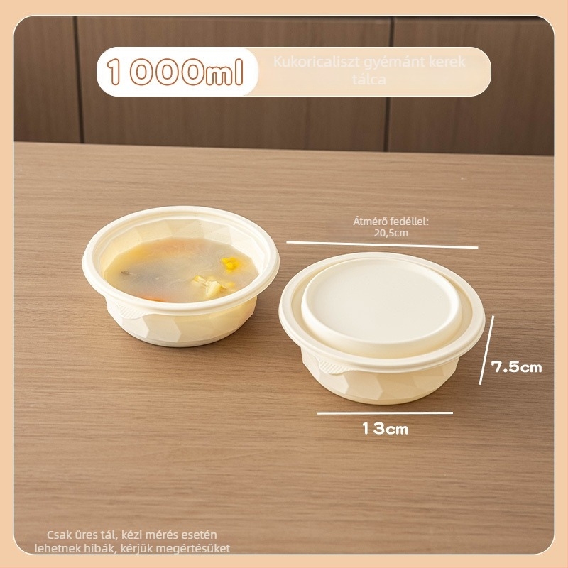 Egyszer használatos ételkészlet doboz kukorica keményítőből, élelmiszer-minőség, hordozható és zárható, kör alakú forma; Anyag: kukorica keményítő; Biodegradálható: Igen; Mennyiség: 1; Kapacitás: 1