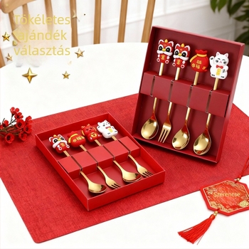 410-es rozsdamentes acél evőeszköz készlet – Sárkányév, karikatúra minta, tükrös polírozás, logónyomtatás