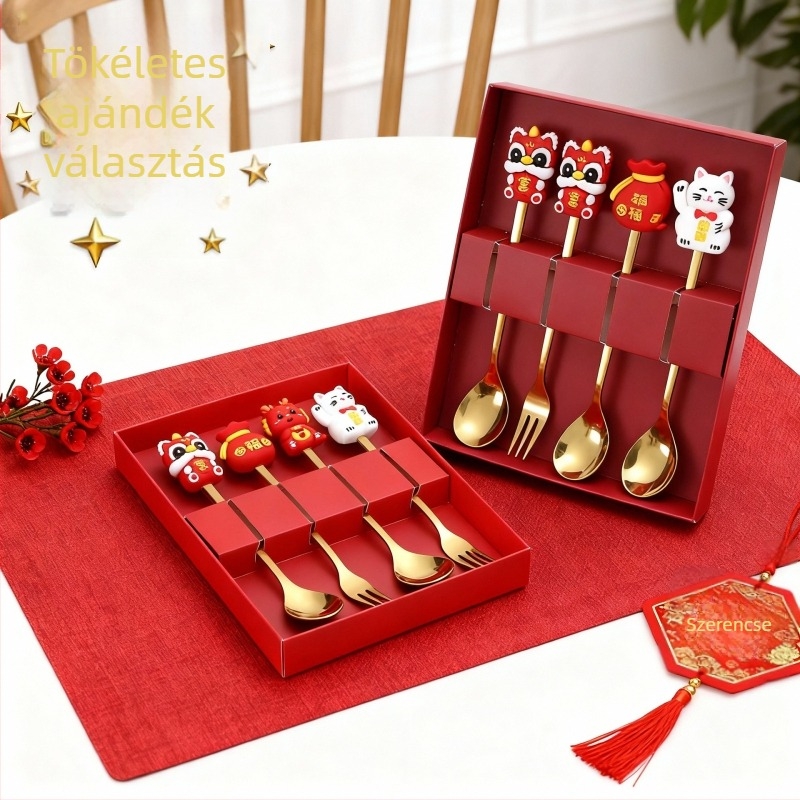 410-es rozsdamentes acél evőeszköz készlet – Sárkányév, karikatúra minta, tükrös polírozás, logónyomtatás