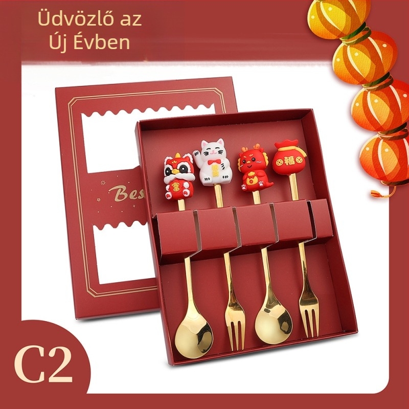 410-es rozsdamentes acél evőeszköz készlet – Sárkányév, karikatúra minta, tükrös polírozás, logónyomtatás