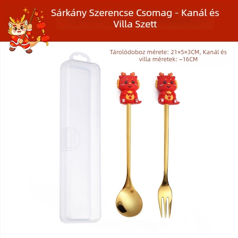 410-es rozsdamentes acél evőeszköz készlet – Sárkányév, karikatúra minta, tükrös polírozás, logónyomtatás