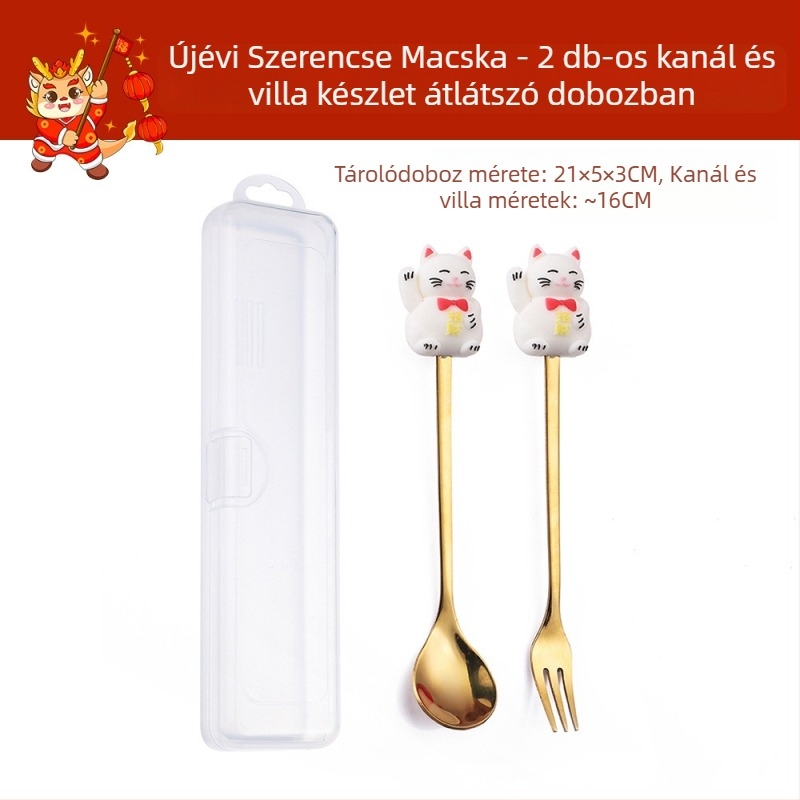 410-es rozsdamentes acél evőeszköz készlet – Sárkányév, karikatúra minta, tükrös polírozás, logónyomtatás