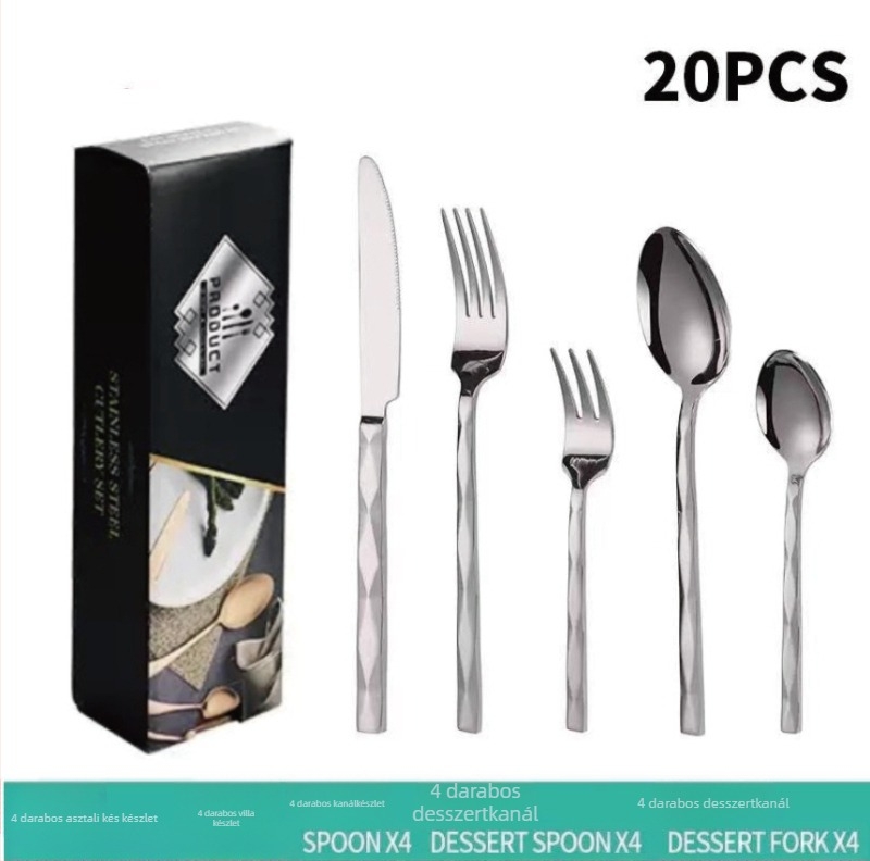 5 részes kés-villa-kanál készlet gyémánt alakú dizájnnal, 410 rozsdamentes acélból, tükrös felület, nyugati stílusú étkészlet