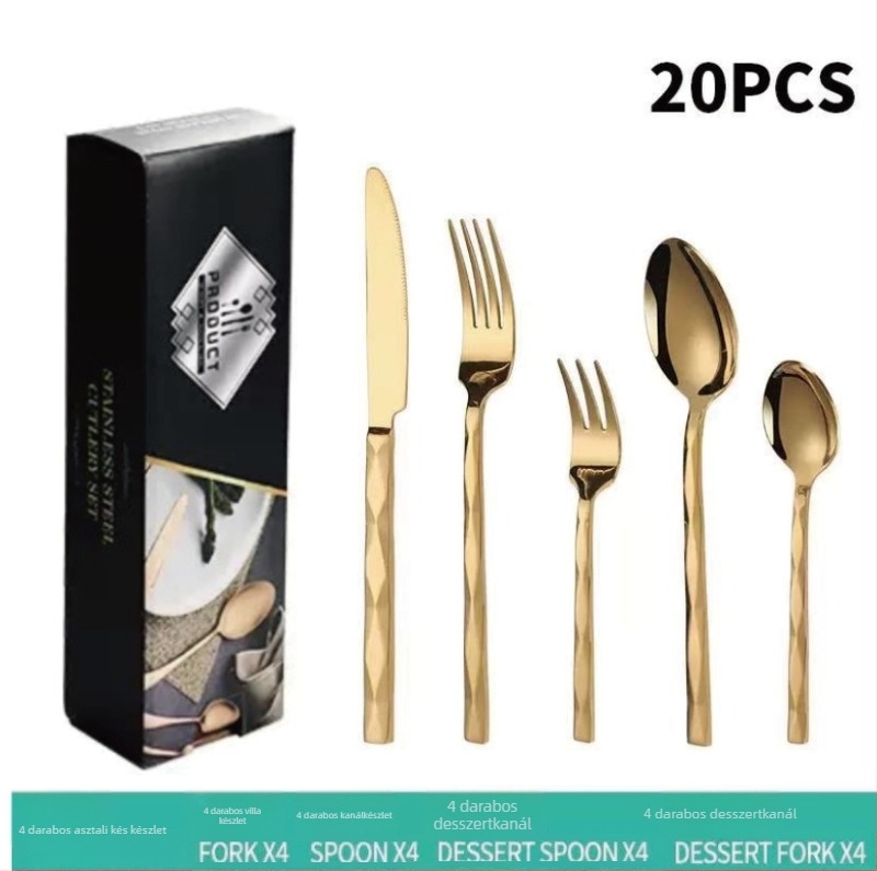 5 részes kés-villa-kanál készlet gyémánt alakú dizájnnal, 410 rozsdamentes acélból, tükrös felület, nyugati stílusú étkészlet