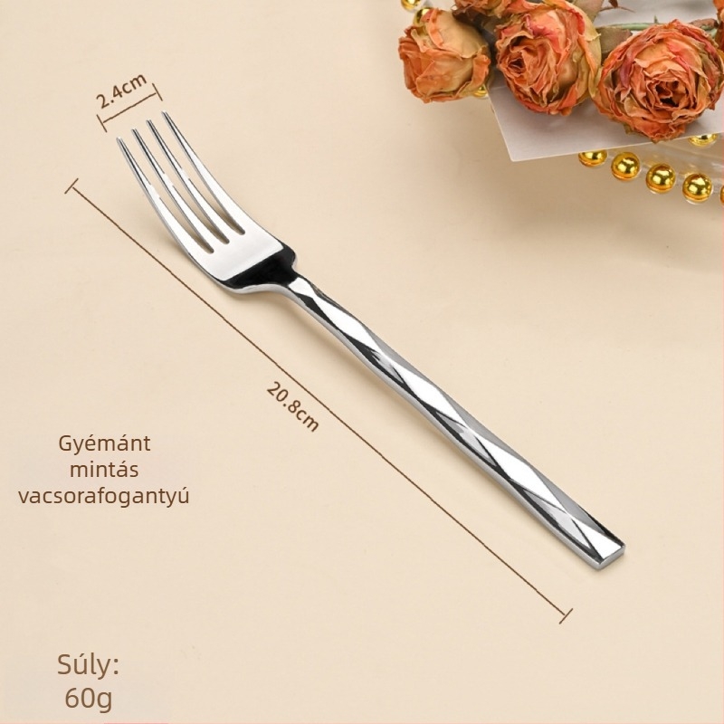5 részes kés-villa-kanál készlet gyémánt alakú dizájnnal, 410 rozsdamentes acélból, tükrös felület, nyugati stílusú étkészlet