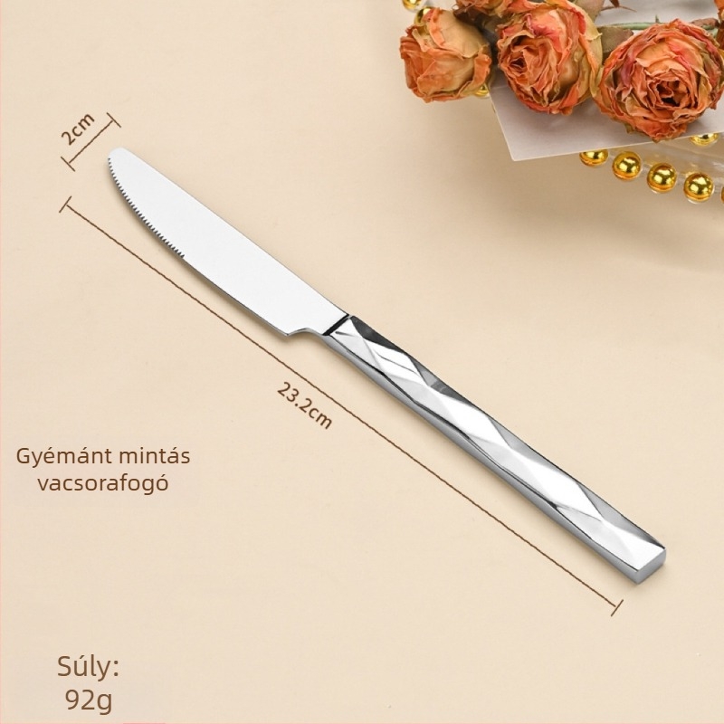 5 részes kés-villa-kanál készlet gyémánt alakú dizájnnal, 410 rozsdamentes acélból, tükrös felület, nyugati stílusú étkészlet