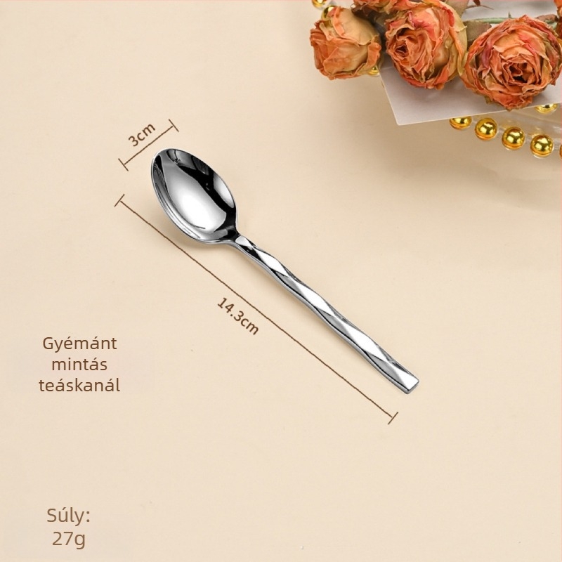 5 részes kés-villa-kanál készlet gyémánt alakú dizájnnal, 410 rozsdamentes acélból, tükrös felület, nyugati stílusú étkészlet