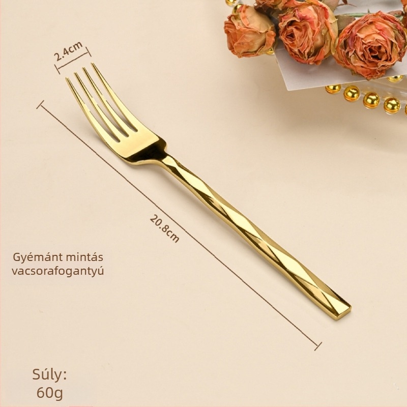 5 részes kés-villa-kanál készlet gyémánt alakú dizájnnal, 410 rozsdamentes acélból, tükrös felület, nyugati stílusú étkészlet
