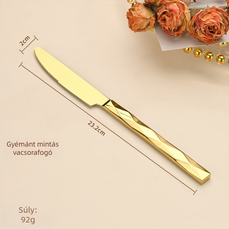 5 részes kés-villa-kanál készlet gyémánt alakú dizájnnal, 410 rozsdamentes acélból, tükrös felület, nyugati stílusú étkészlet