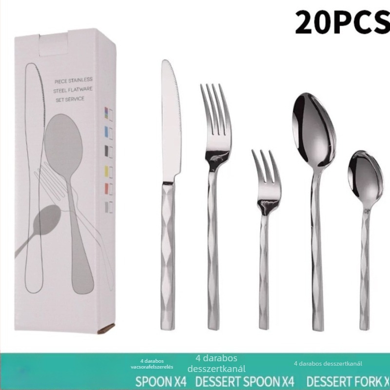 5 részes kés-villa-kanál készlet gyémánt alakú dizájnnal, 410 rozsdamentes acélból, tükrös felület, nyugati stílusú étkészlet