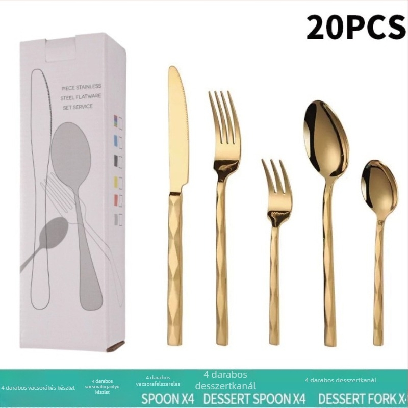 5 részes kés-villa-kanál készlet gyémánt alakú dizájnnal, 410 rozsdamentes acélból, tükrös felület, nyugati stílusú étkészlet