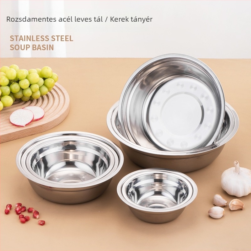 Rozsdamentes acélból készült kerek levesestál, polírozott felülettel, mikrohullámú sütőben használható, szállodai és vendéglátási célokra