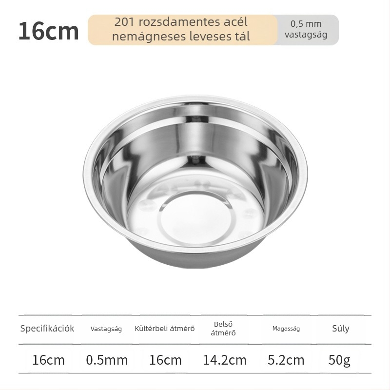 Rozsdamentes acélból készült kerek levesestál, polírozott felülettel, mikrohullámú sütőben használható, szállodai és vendéglátási célokra