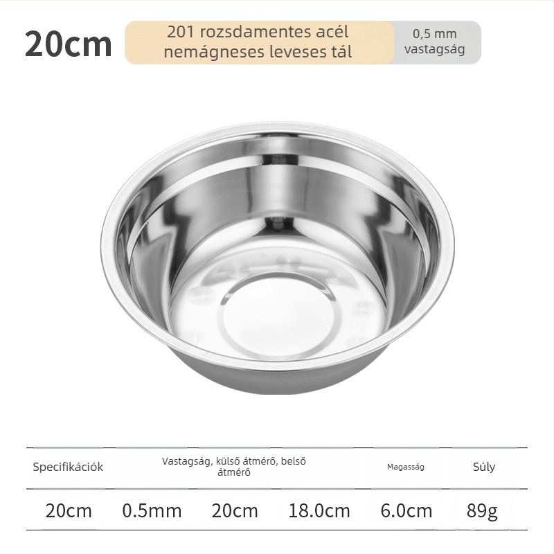 Rozsdamentes acélból készült kerek levesestál, polírozott felülettel, mikrohullámú sütőben használható, szállodai és vendéglátási célokra