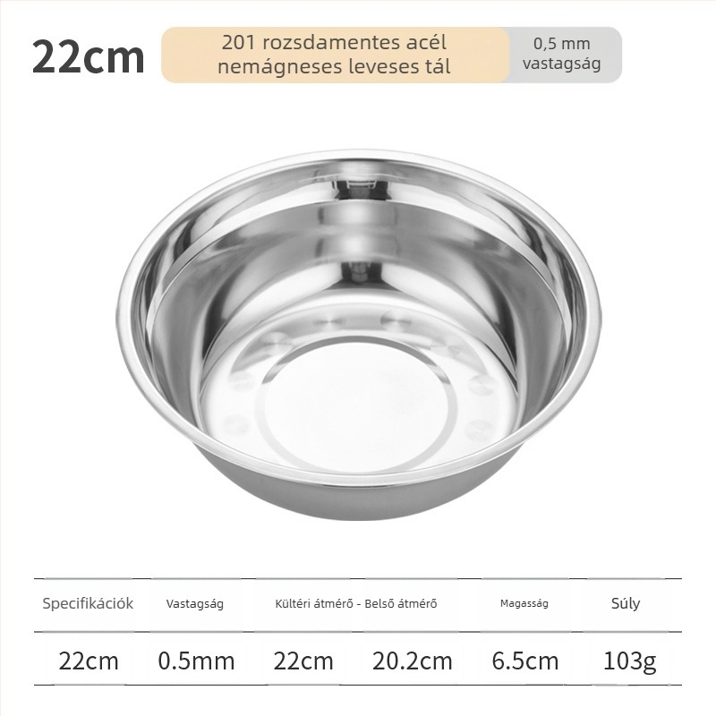 Rozsdamentes acélból készült kerek levesestál, polírozott felülettel, mikrohullámú sütőben használható, szállodai és vendéglátási célokra