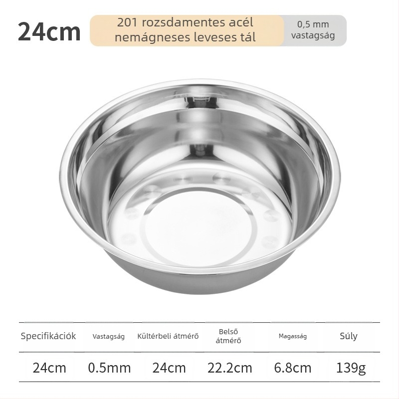 Rozsdamentes acélból készült kerek levesestál, polírozott felülettel, mikrohullámú sütőben használható, szállodai és vendéglátási célokra