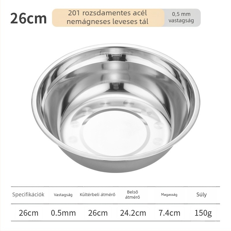 Rozsdamentes acélból készült kerek levesestál, polírozott felülettel, mikrohullámú sütőben használható, szállodai és vendéglátási célokra