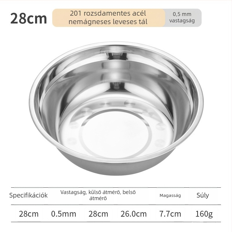 Rozsdamentes acélból készült kerek levesestál, polírozott felülettel, mikrohullámú sütőben használható, szállodai és vendéglátási célokra