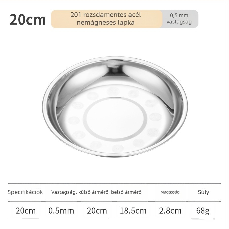 Rozsdamentes acélból készült kerek levesestál, polírozott felülettel, mikrohullámú sütőben használható, szállodai és vendéglátási célokra