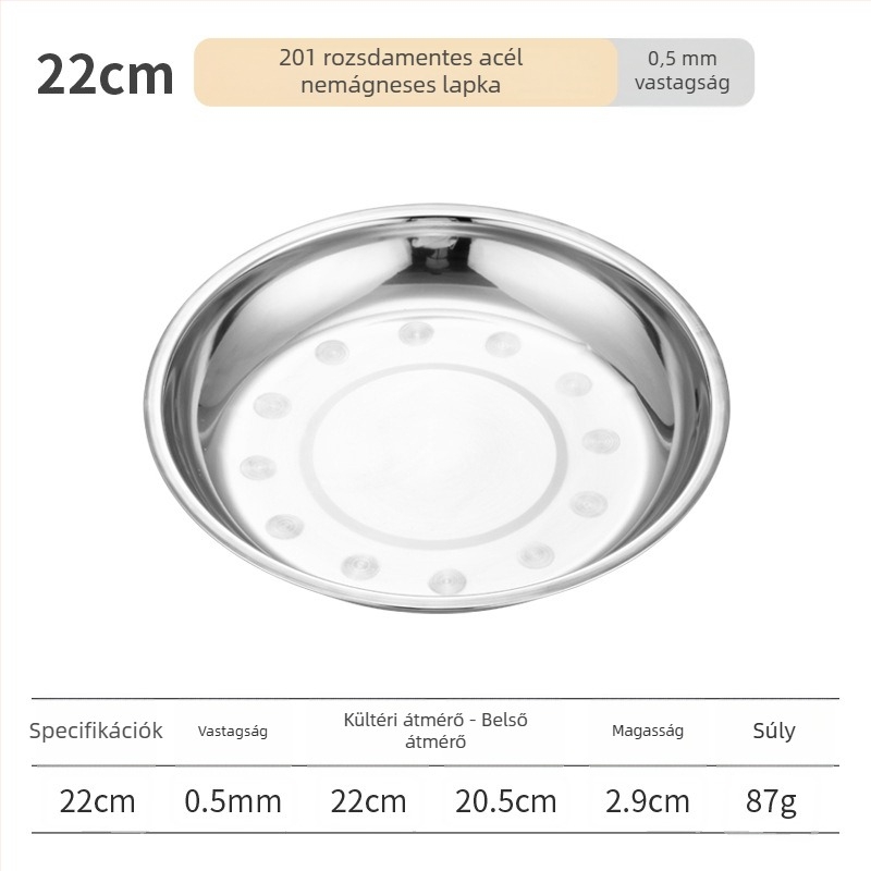 Rozsdamentes acélból készült kerek levesestál, polírozott felülettel, mikrohullámú sütőben használható, szállodai és vendéglátási célokra