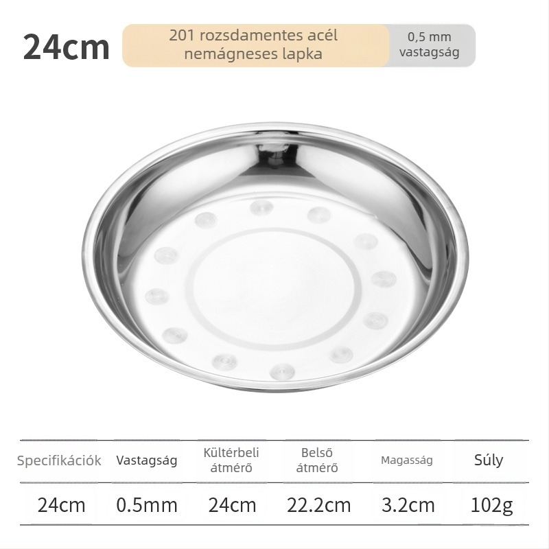 Rozsdamentes acélból készült kerek levesestál, polírozott felülettel, mikrohullámú sütőben használható, szállodai és vendéglátási célokra
