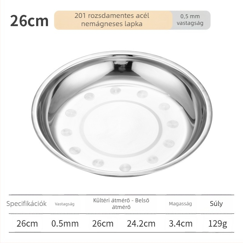 Rozsdamentes acélból készült kerek levesestál, polírozott felülettel, mikrohullámú sütőben használható, szállodai és vendéglátási célokra