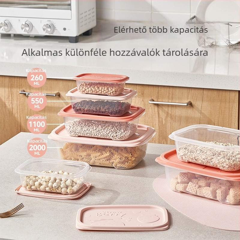 Élelmiszer-tároló doboz, négyszögletes, átlátszó PP anyagból, mikróhullámú sütőben használható, eper mintás, kapacitás: 0,3 L, 0,5–0,8 L, 1–2 L