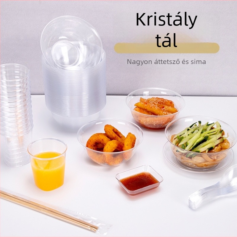 Egyszer használatos műanyag desszert- és leveses tál, kerek, 300–400 ml kapacitás, átlátszó, modern minimalist stílus