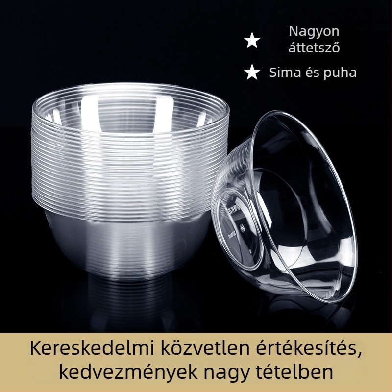 Egyszer használatos műanyag desszert- és leveses tál, kerek, 300–400 ml kapacitás, átlátszó, modern minimalist stílus