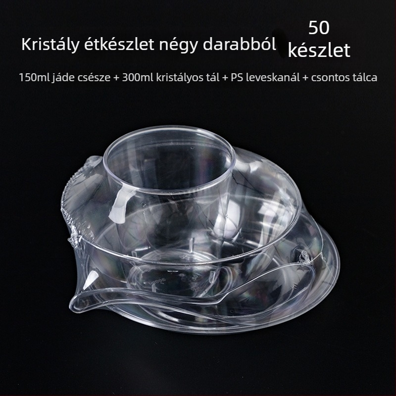 Egyszer használatos műanyag desszert- és leveses tál, kerek, 300–400 ml kapacitás, átlátszó, modern minimalist stílus