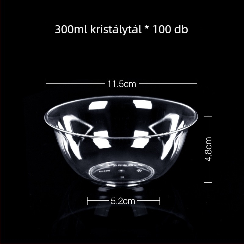 Egyszer használatos műanyag desszert- és leveses tál, kerek, 300–400 ml kapacitás, átlátszó, modern minimalist stílus