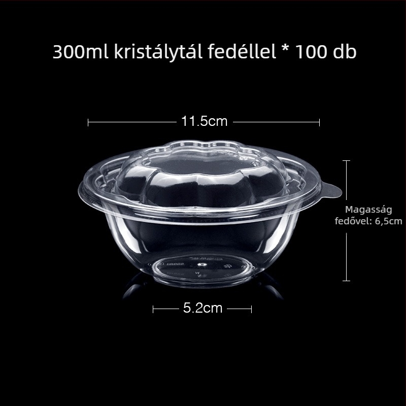 Egyszer használatos műanyag desszert- és leveses tál, kerek, 300–400 ml kapacitás, átlátszó, modern minimalist stílus