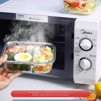 Háromszintes üveges ebédes doboz, mikrózható, boroszilikát üveg, logó nyomtatva, testreszabás elérhető
