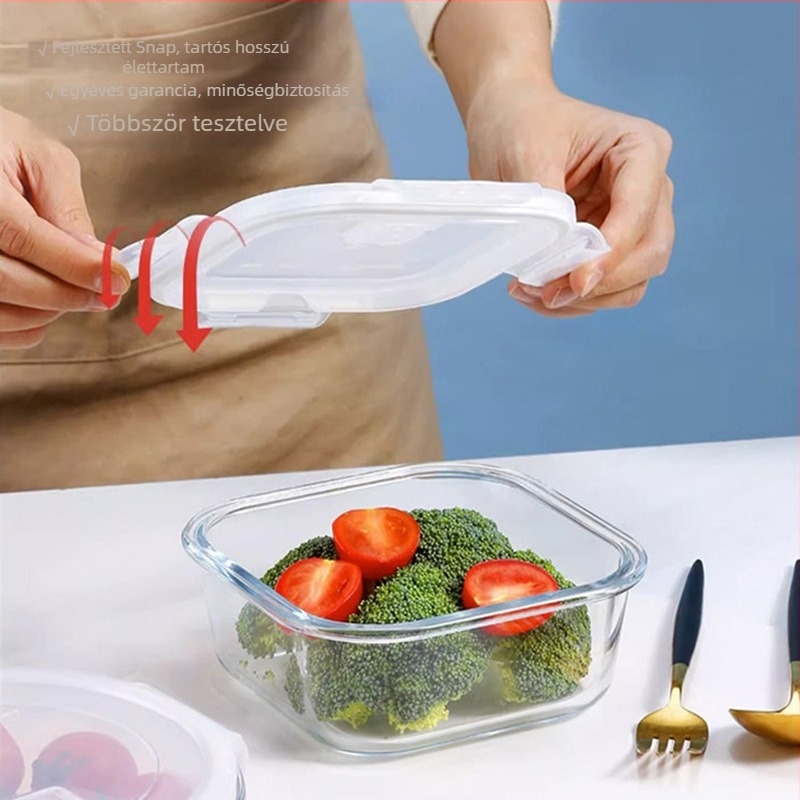 Háromszintes üveges ebédes doboz, mikrózható, boroszilikát üveg, logó nyomtatva, testreszabás elérhető