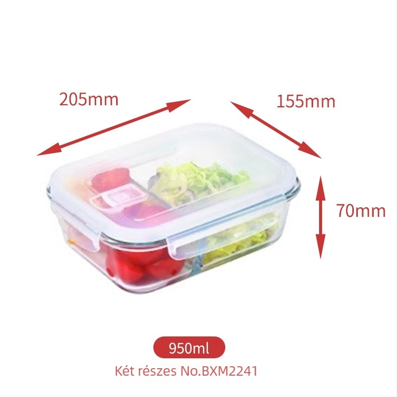 Háromszintes üveges ebédes doboz, mikrózható, boroszilikát üveg, logó nyomtatva, testreszabás elérhető