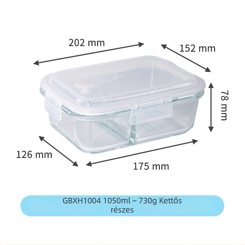 Háromszintes üveges ebédes doboz, mikrózható, boroszilikát üveg, logó nyomtatva, testreszabás elérhető