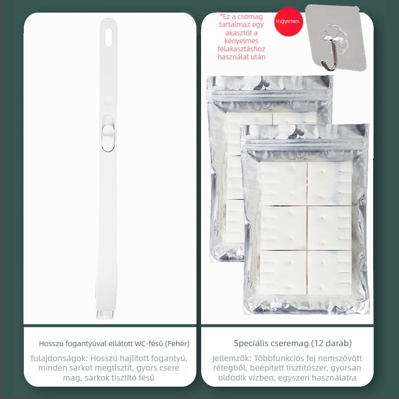 Egyszer használatos falra szerelhető WC-tisztító kefekészlet, oldható cserefejekkel, műanyagból