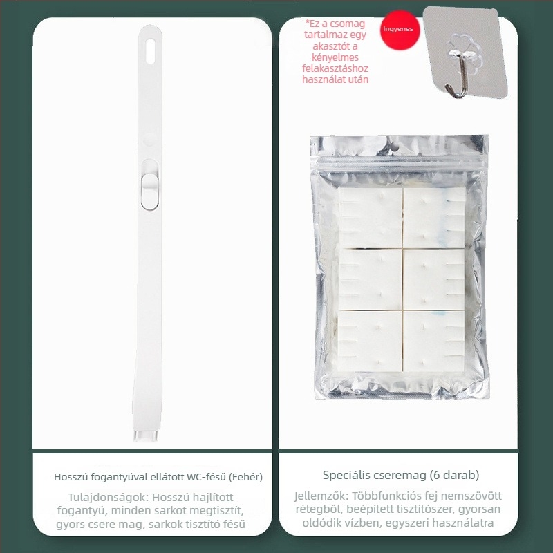 Egyszer használatos falra szerelhető WC-tisztító kefekészlet, oldható cserefejekkel, műanyagból