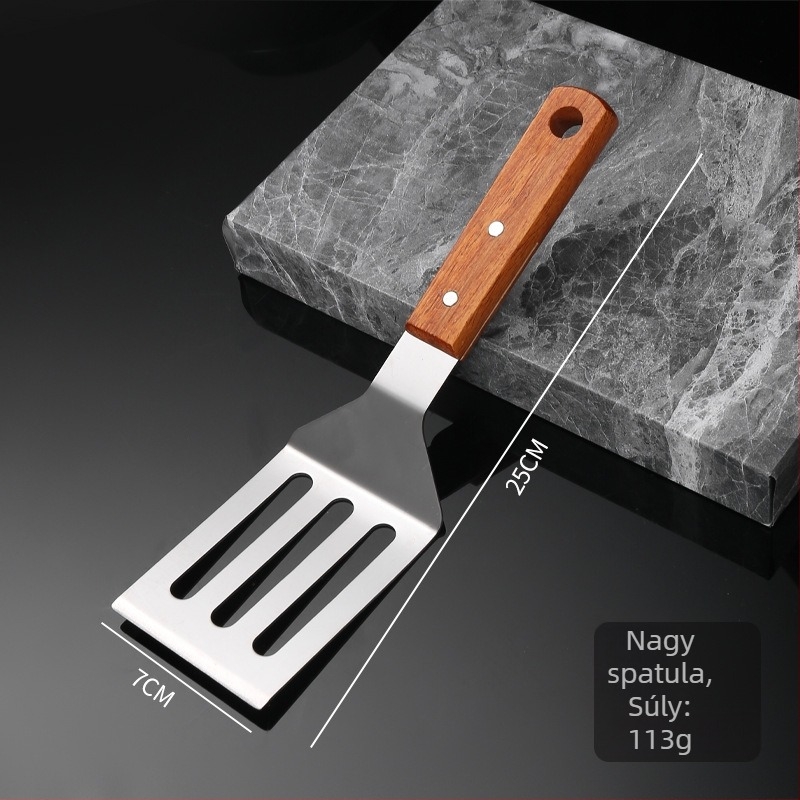 Rozsdamentes acél teppanyaki spatula tömörfa markolatával, vastag sík pengével — tapadásmentes, hőálló, csúszásmentes, ideális palacsintához és pizzához