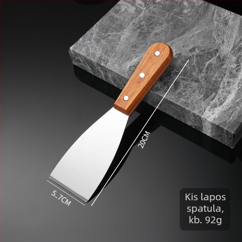 Rozsdamentes acél teppanyaki spatula tömörfa markolatával, vastag sík pengével — tapadásmentes, hőálló, csúszásmentes, ideális palacsintához és pizzához