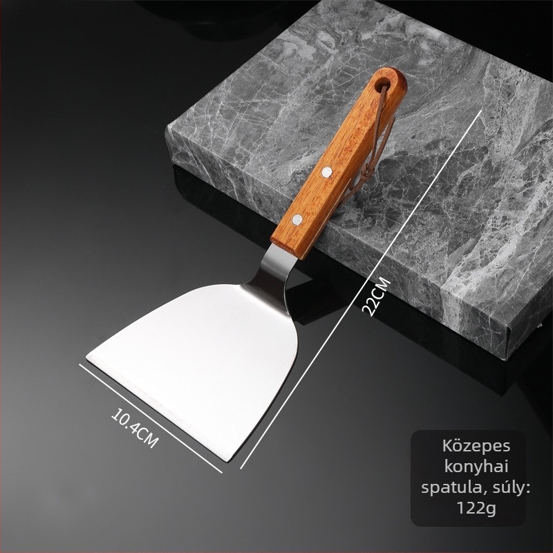 Rozsdamentes acél teppanyaki spatula tömörfa markolatával, vastag sík pengével — tapadásmentes, hőálló, csúszásmentes, ideális palacsintához és pizzához